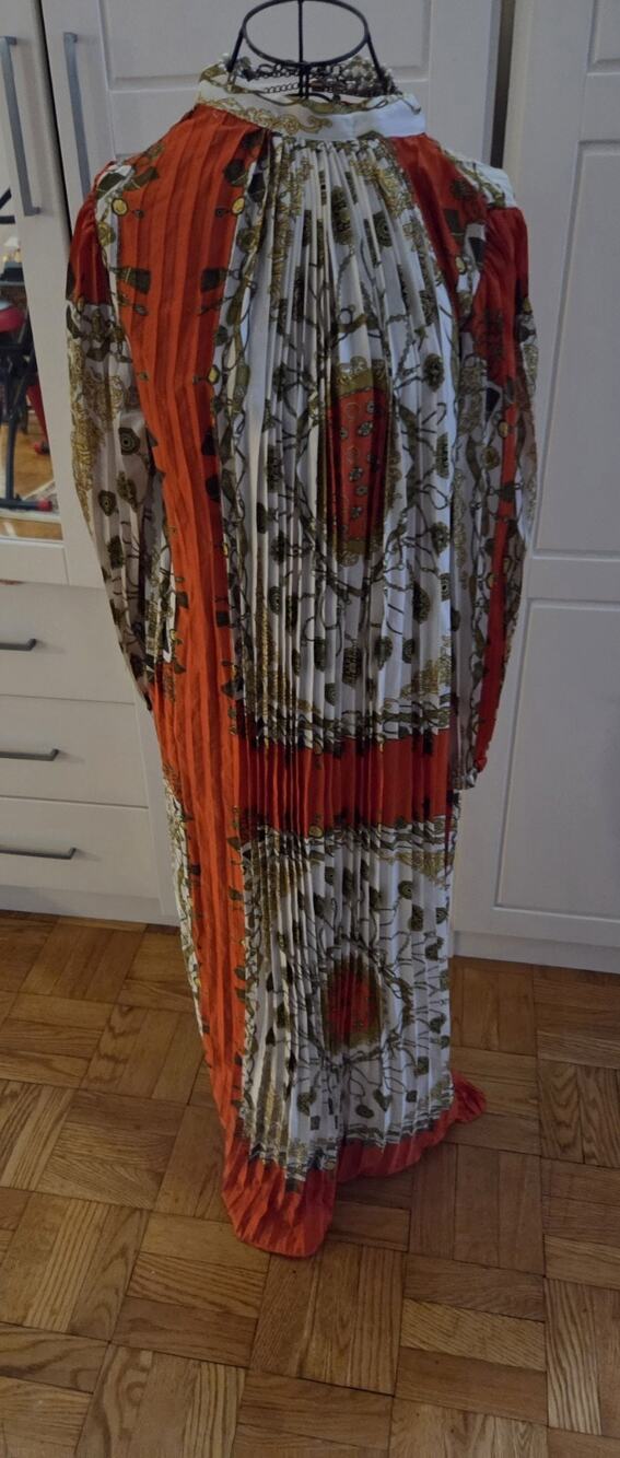 Long Orange Ivory And Gold Pleated Mediterranean Dress Beulah Sz Small